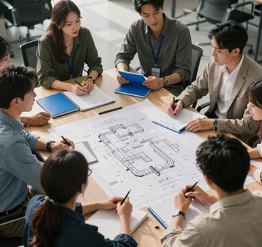 A high-angle photo of a modern office meeting. A group of professionals in casual business attire are gathered around a table with large blueprints. Accents of royal blue are visible in the office decor and notebooks. Soft, natural morning light.