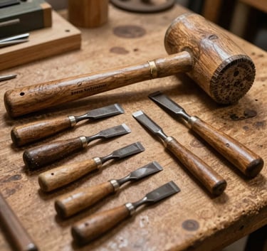 A set of vintage wood carving chisels and a wooden mallet arranged neatly on a rustic workbench. Warm ambient lighting, professional photography, European workshop setting.