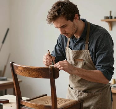 A skilled artisan in a classic apron carefully sanding a vintage wooden chair frame. Soft side lighting in a clean, professional Portuguese studio atmosphere.