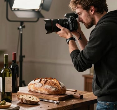 A professional behind-the-scenes shot of a photographer in a Western / European-influenced studio setting up a scene with rustic bread and wine. Professional lighting equipment is visible, creating a refined, expert mood.