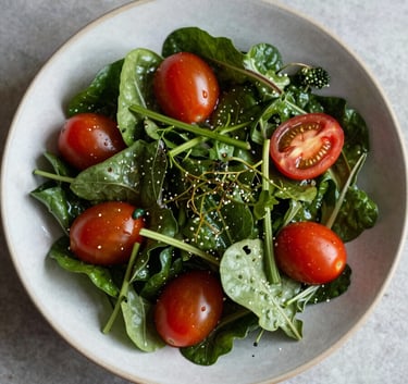 A top-down, Scandinavian-style food photograph in a Western / European-influenced home, featuring an artisanal salad with Matte Forest Green leaves and Deep Ripe Crimson tomatoes on a Crisp Parchment ceramic plate. Soft, natural side lighting.