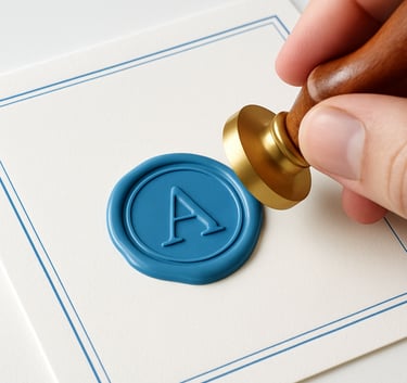 Close-up of premium textured paper invitation being hand-finished with a custom wax seal, featuring #F0F4F7 paper and #76CDF0 blue accents in a bright studio setting.