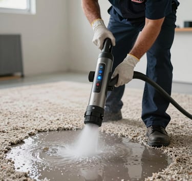 A professional restoration technician wearing a branded uniform and gloves, using a high-powered water extraction wand on a damp carpet, North American setting in Miami, Florida.