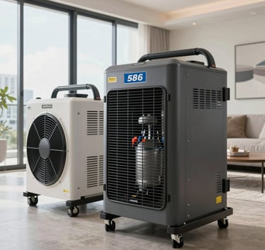 Professional industrial air movers and dehumidifiers running in a modern Miami apartment living room, bright daylight, high-quality photography, sharp focus.