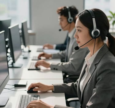 A professional South American corporate office setting with tidy workstations, high-tech headsets, and soft sunlight coming through windows, reflecting a modern and efficient business environment in light gray and dark gray tones.