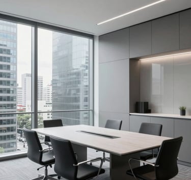 A modern, minimalist meeting room in a Brazilian business district, featuring clean lines, glass walls, and a palette of medium gray and white, conveying a sense of corporate sophistication.