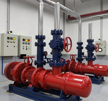 A wide-angle professional photograph of a high-tech industrial fire pump room in Istanbul. The scene features large red pump units, intricate steel piping, and Tornatech control panels mounted on the walls. The floor is a clean, reflective light grey. Lighting is bright and even, highlighting the Deep Navy and Steel Blue metallic textures of the machinery.