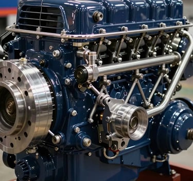 Close-up industrial photography of a powerful diesel engine for a fire pump. The engine is painted in a professional Deep Navy, with polished chrome and steel components visible. The lighting is sharp, emphasizing the engineering precision and robust build quality.