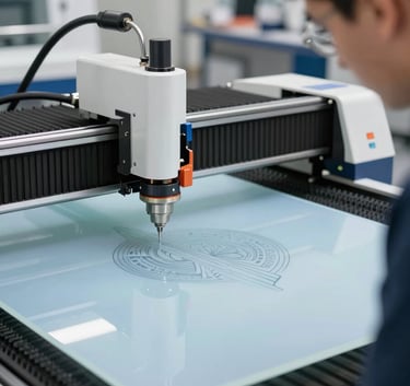 A professional technician operating a laser cutting machine in a modern workshop. The machine is carving a precise pattern into a sheet of light blue acrylic. Clear, bright lighting. Sul Americano / Brasileiro workplace.