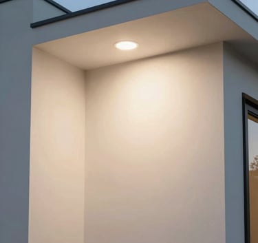 A clean, sophisticated shot of modern architectural lighting in a North American / US luxury home. The composition is minimal and elegant, highlighted by soft off-white and sky blue lighting.