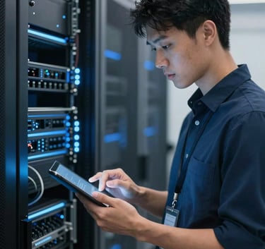 A professional IT technician in a clean corporate environment, examining a tablet while standing in front of a modern server rack with glowing blue lights. The mood is sophisticated and reliable, utilizing a palette of #0E1B2C and #8BAAC7.