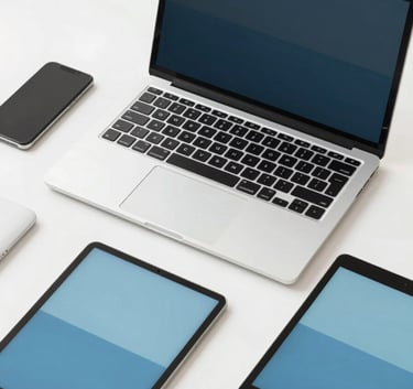 A clean, modern top-down view of a designer workspace with a high-end laptop, a smartphone, and a tablet, all perfectly organized. The image uses soft, natural lighting with a professional color scheme including #F0F4F8 and #2D5D7A accents.