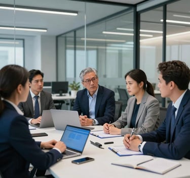 A professional North American team collaborating in a modern, glass-walled office space, focused on a strategy session, featuring electric blue accents and a premium corporate aesthetic.