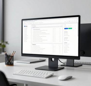 A minimalist, high-end North American office setup featuring a large professional monitor displaying clean data visualizations, soft desk lighting, and a sophisticated white and navy color palette.