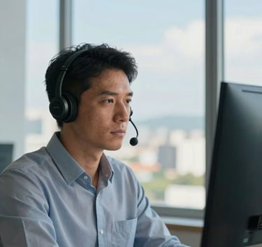 A focused professional wearing a headset, looking at a screen with a determined expression, daylight from a window in a South American / Brazilian business district, colors including soft sky blue.