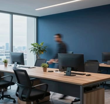 A dynamic shot of a modern workspace with blurred motion suggesting speed and efficiency, accented with deep midnight blue and soft sky blue tones, South American / Brazilian office interior.