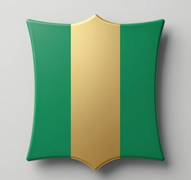 A high-quality 3D render of the Nigerian Coat of Arms, featuring a gold and deep green finish (#0A2A1A). The composition is centered and symbolic, exuding professionalism and national pride with soft studio lighting.