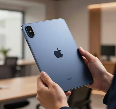 A focused shot of a professional hand holding a Soft Azure tablet in a modern office with Midnight Navy accents, warm natural lighting, professional atmosphere.