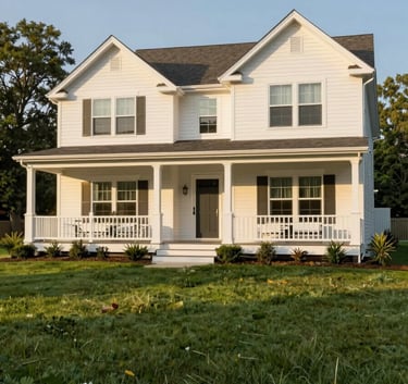 Exterior of a beautiful, clean North American / US residential home with a white porch and a manicured lawn. The lighting is warm and golden, featuring Soft Off-white and Sage Green tones. Professional architectural photography.