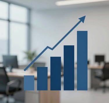 Abstract and elegant representation of financial growth and legal stability, featuring clean geometric shapes in #0A244A and #C7D2DA with a soft-focus professional office interior in the background.