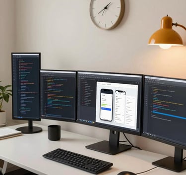 A wide-angle photography shot of a clean, modern workspace in a North American / US city. The desk features multiple screens showing code and mobile layouts. A Soft Cream wall is decorated with a minimalist clock, and a Vibrant Amber lamp provides warm, innovative lighting.