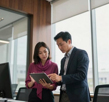 A low-angle photography shot of two professionals in a North American / US tech office, collaborating over a tablet. The space is modern and bright, with large windows. One professional wears a Deep Rose scarf, and the interior features Dark Mahogany wood accents, reflecting a trustworthy and forward-thinking environment.