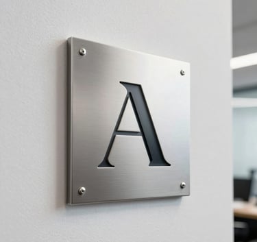 A premium minimalist close-up of a high-end metal logo plate mounted on a white textured wall, showing sharp edges and sleek design in a professional Southeast Asian office setting.