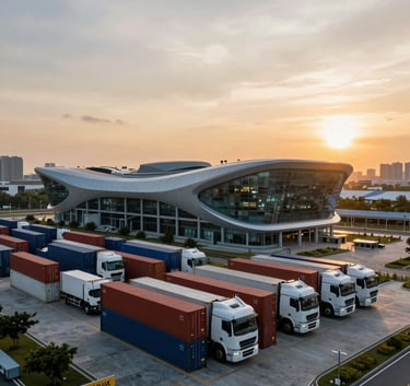 A wide angle shot of a sleek, modern logistics fleet and a contemporary tech center building at sunset in a developed Southeast Asian city, warm golden lighting, premium cinematic look.