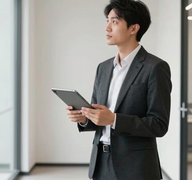 A professional business environment featuring a person in contemporary business attire holding a tablet, standing in a clean, off-white minimalist hallway in a North American / US office.
