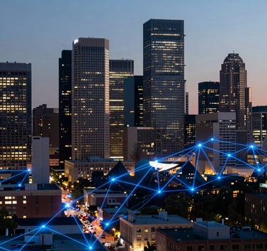 A wide-angle evening shot of the Denver skyline, where subtle glowing electric blue digital lines and nodes form a network pattern over the urban architecture. Modern North American / US cityscape with crisp white light and deep navy shadows.