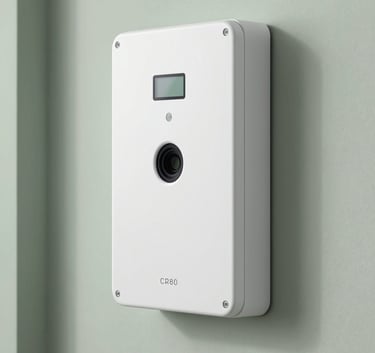 A professional wide-angle shot of a sleek, modern white security control panel installed on a minimalist wall in a home with subtle sage green accents.