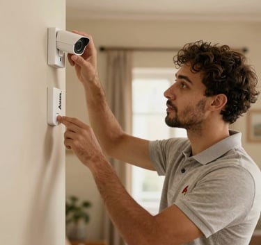 A local artisan wearing a professional polo shirt with a small logo, installing a security device in a warm, welcoming home interior in Alsace.