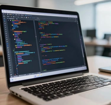 Close-up photography of a high-resolution laptop screen in a bright, modern North American office, showing lines of code with a focus on precision and digital security.
