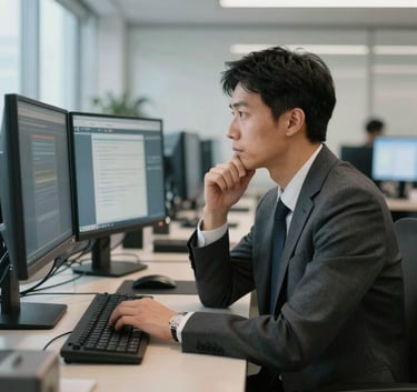 A professional in business attire looking thoughtfully at multiple monitors in a high-tech corporate office in North America, with soft natural light.
