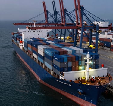 A high-angle shot of a massive container ship being loaded at a high-tech port during dusk. The water is a deep #0F1C2D and the ship and containers feature highlights of #2E475B and #7A92A0.