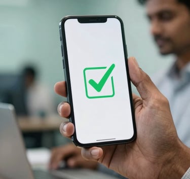 Close-up photography of a smartphone showing a secure verified checkmark, held by a professional in a South Asian / Indian office setting, soft teal lighting and professional atmosphere.