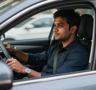 A clean, modern car interior with a professional driver in a South Asian / Indian urban setting, soft daylight, sophisticated and secure atmosphere.