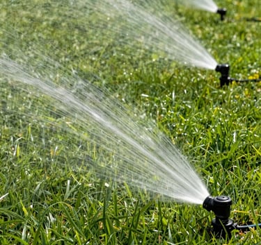 A crisp, high-resolution photograph of a vibrant green North American residential lawn. A series of pop-up irrigation heads are active, spraying a fine, controlled mist of water across the grass during a bright morning. The composition is clean and professional.