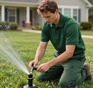A professional technician wearing a forest green polo shirt and work trousers, kneeling on a lush North American lawn. They are carefully adjusting a modern sprinkler head with a specialized tool. The background shows a well-maintained suburban house.