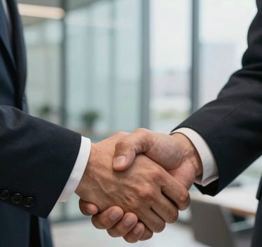 A close-up of a firm handshake between two professionals in business attire, set against a blurred background of a modern South American office with high-end glass windows and soft natural lighting. The scene conveys reliability and professional agreement.