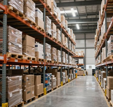 A wide shot of a modern and clean logistics warehouse facility in Brazil, featuring organized shelving and bright, even lighting. The atmosphere is professional and highlights efficient commercial operations.