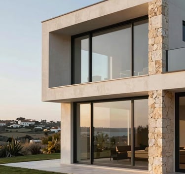 Exterior shot of a luxury contemporary villa in Cascais, Portugal, featuring large windows and stone accents, European Portuguese landscape, premium real estate photography style.
