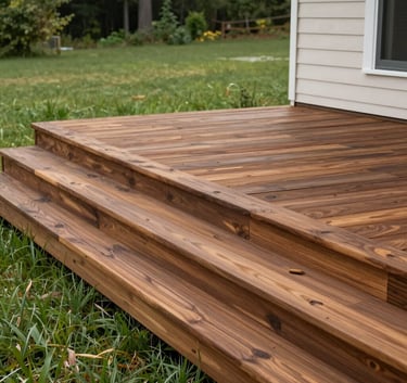 A completed large wooden deck on the back of a North American house. The wood is a deep cedar brown, with clean lines and expert joinery. Lush green lawn in the background, sharp focus.