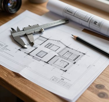Close-up of architectural blueprints for a home addition spread out on a wooden table. A set of steel calipers and a graphite pencil rest on the plans. Soft, natural North American morning light.