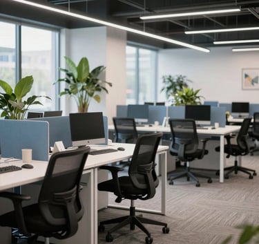 A bright, professional North American coworking space with modern ergonomic chairs, white desks, and large green plants, captured in a clean photography style with slate blue accents.
