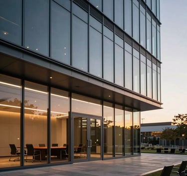 A modern glass-walled conference room in a US corporate building during sunset, with warm lighting and a professional atmosphere.