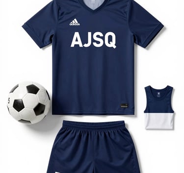 Flat lay of the AJSQ player kit: a professional navy jersey (#1A2B3C), a size 5 soccer ball, and a bib, clean studio lighting, high contrast.