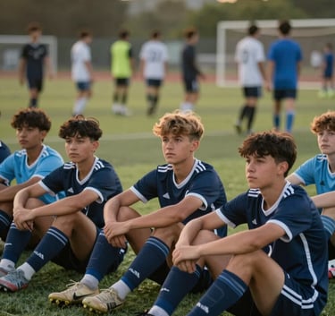 Group of enthusiastic youth soccer players sitting together on the grass, navy and light blue gear, sunset lighting, professional and community atmosphere.