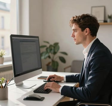 A professional in a business suit working in a sunlit home office in Lyon, looking thoughtfully at a large monitor, clean workspace, contemporary European interior design.