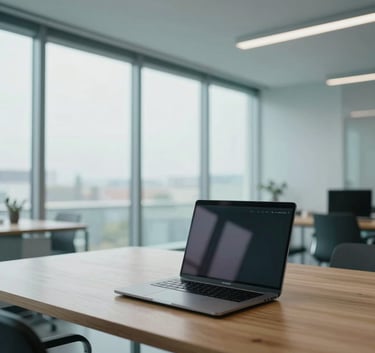 A wide-angle shot of a modern, minimalist office in France with large windows, featuring a sleek laptop on a wooden desk, soft natural lighting, reflecting a professional and growth-oriented atmosphere with pale cyan accents.